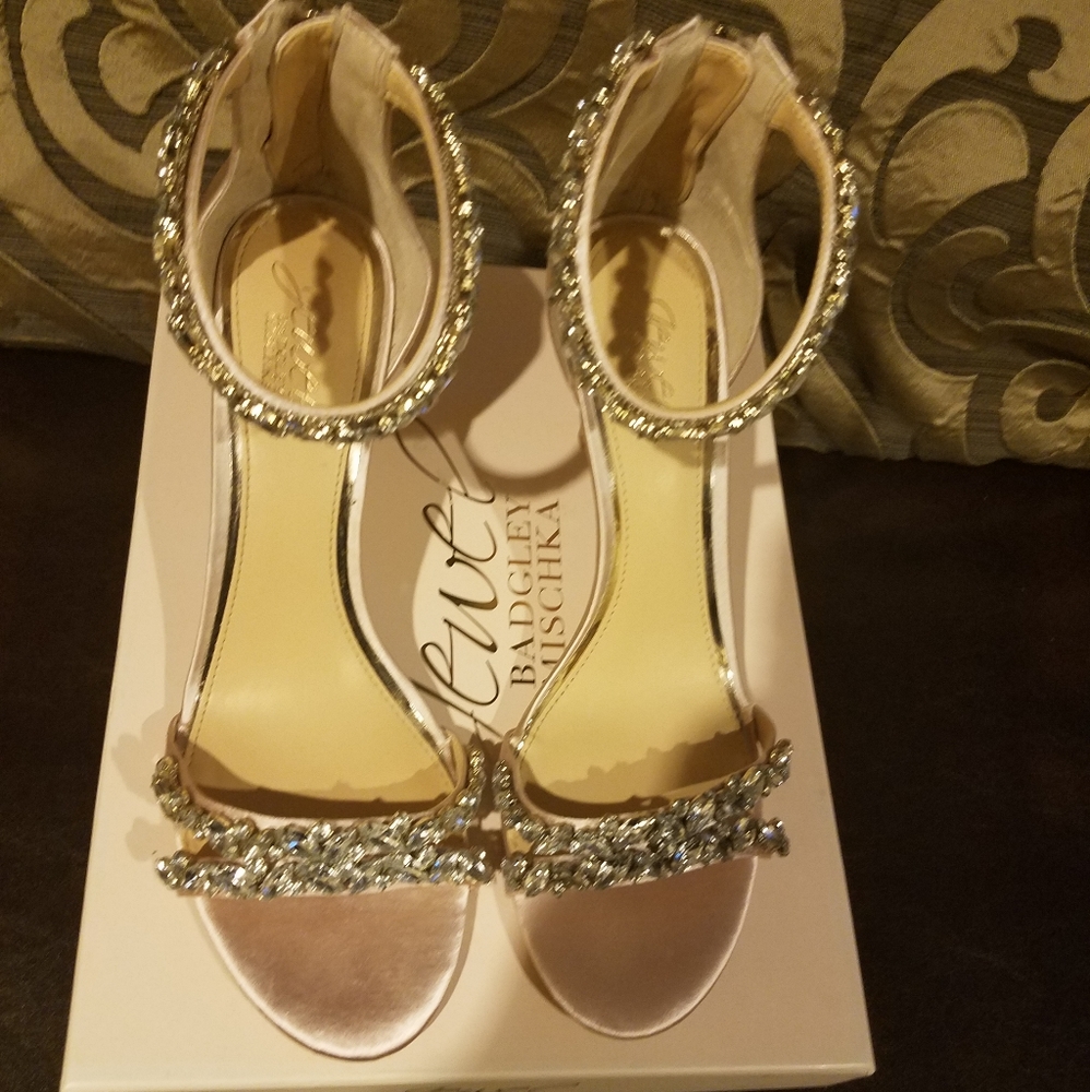 Champagne rhinestone satin pumps